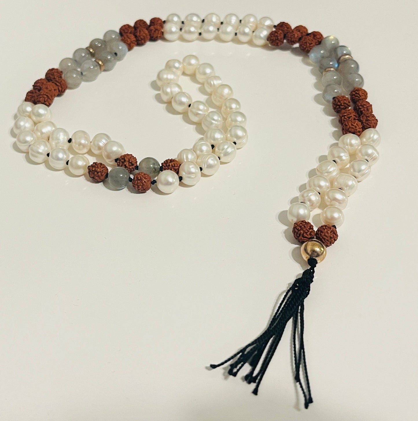 Labradorite and Pearl Mala with 14K Gold and Rudraksha