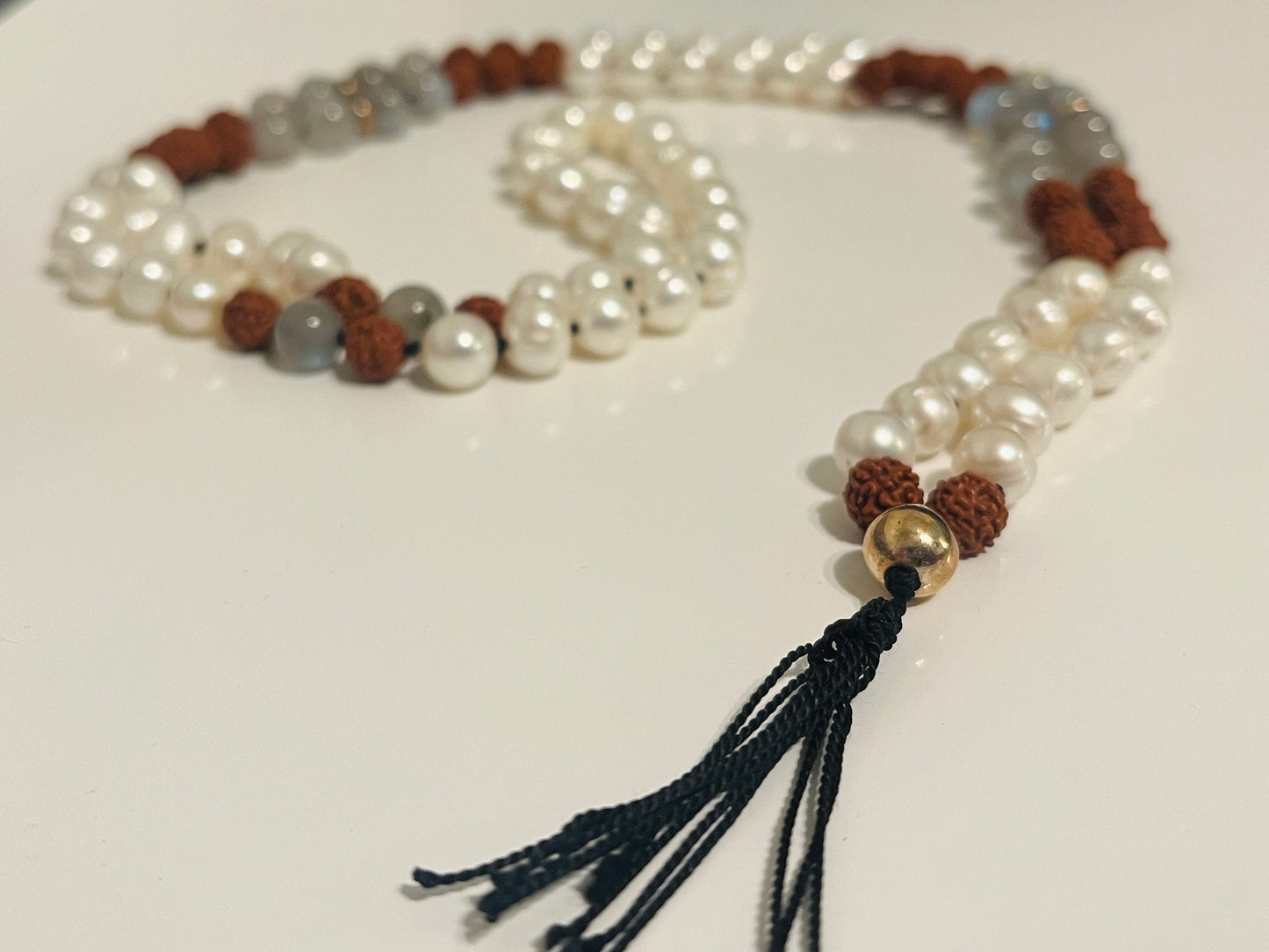 Labradorite and Pearl Mala with 14K Gold and Rudraksha